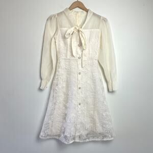 DVC Ivory Lace Embroidered Dress XS/S Bow Sheer Feminine Romantic Twee Edwardian